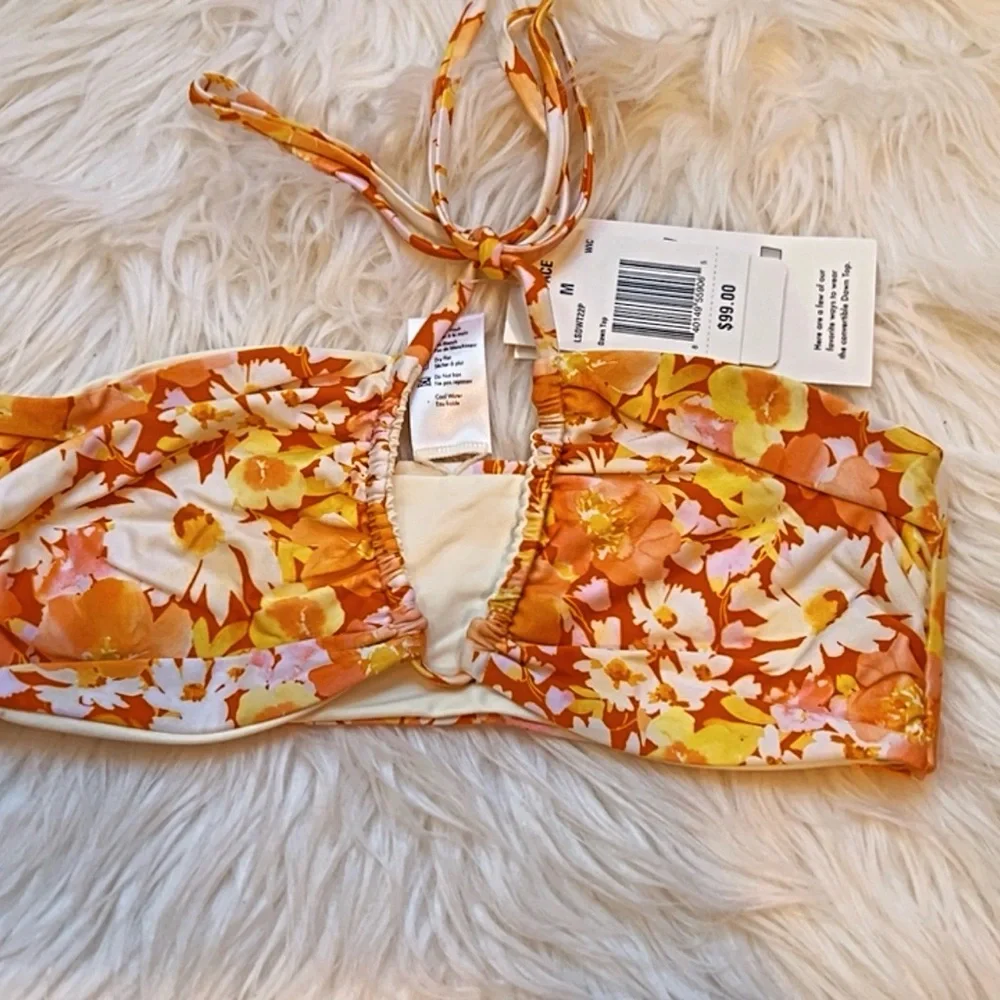 L*Space Floral Bikini Top Size M Orange Yellow Halter Bandeau Cutout NWT